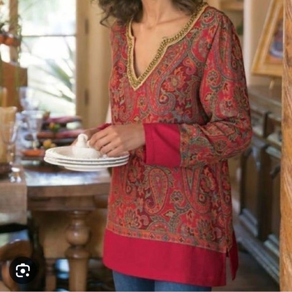 Soft Surroundings Tops - Soft Surroundings Vibrant Red and Gold Paisley Tunic size M